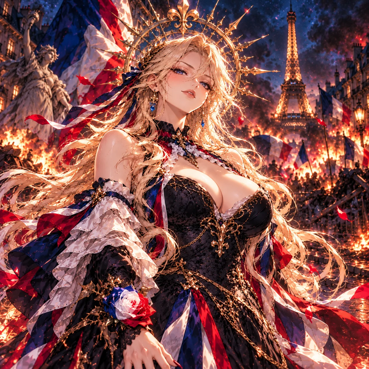 France-chan beneath a golden fleur-de-lis halo in an illustrated Paris at night