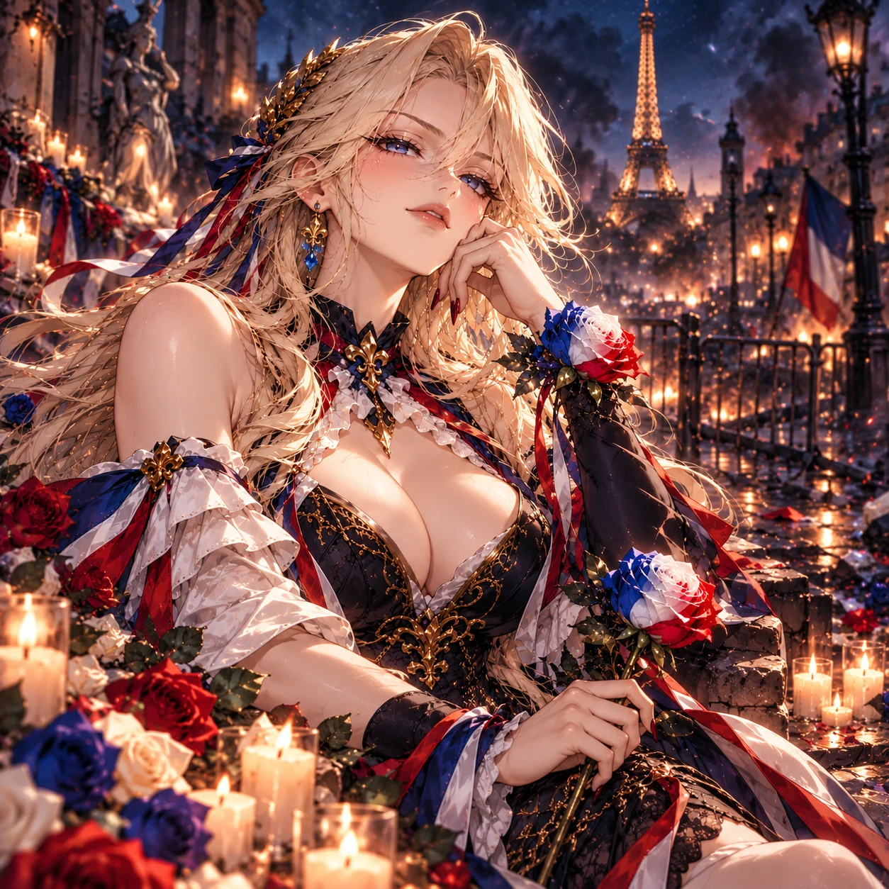 France-chan surrounded by candles and tricolour roses