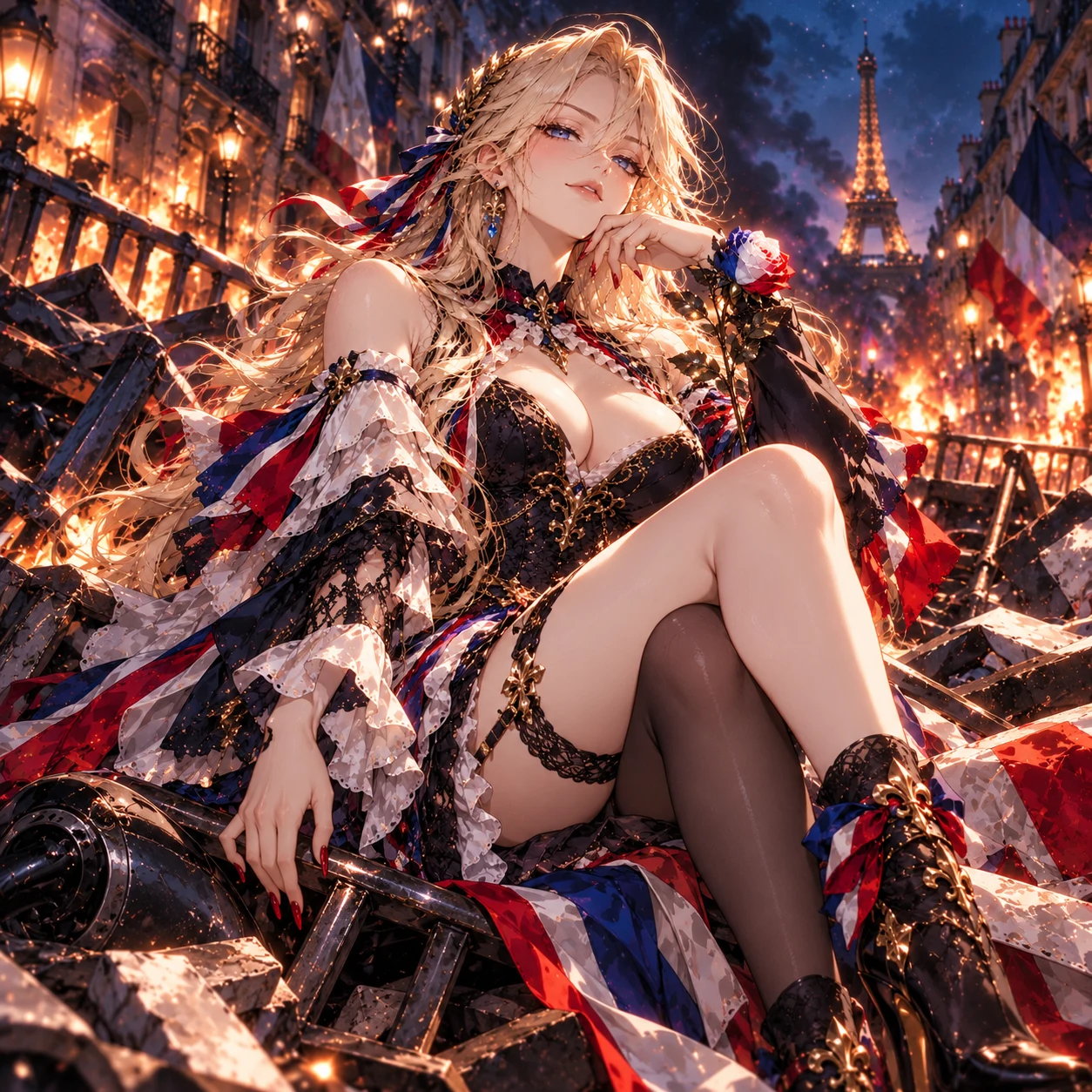 France-chan seated elegantly among fictional street barricades