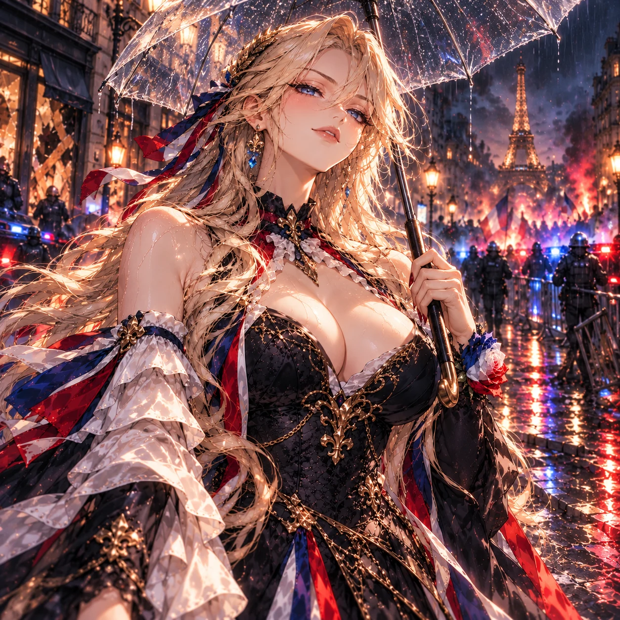 France-chan holding a transparent umbrella on a rain-soaked Parisian street